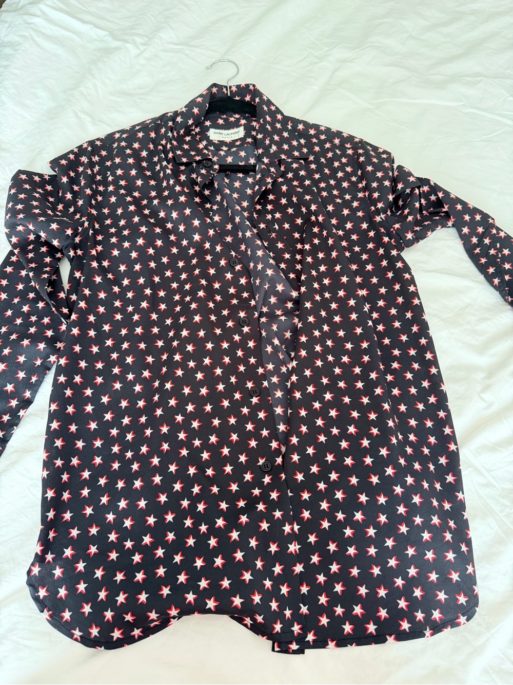 Saint Laurent Black Button-Down silk Shirt with Red Star Print